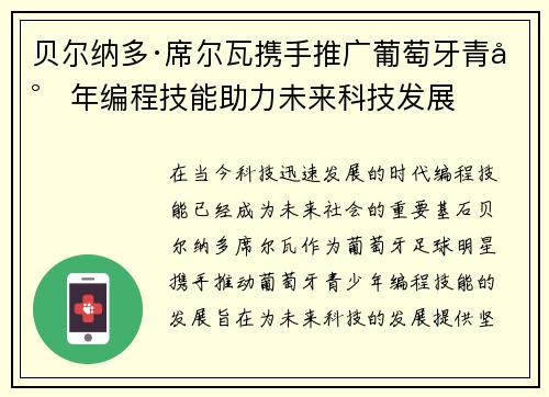 贝尔纳多·席尔瓦携手推广葡萄牙青少年编程技能助力未来科技发展
